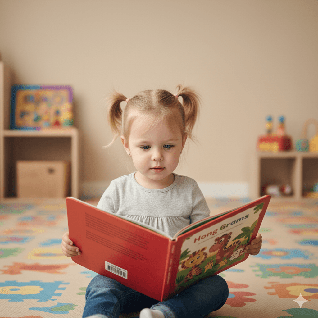 Child sitting on a play mat and holding an open picture book