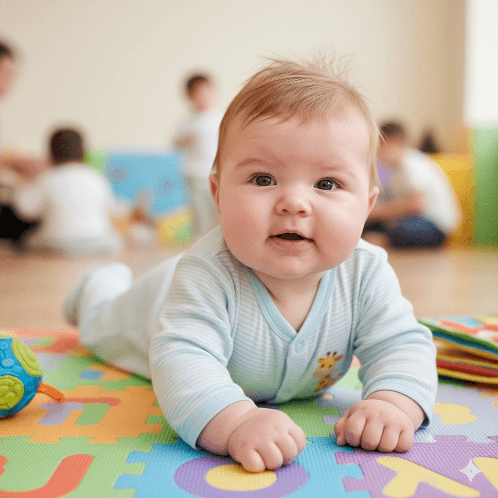 Baby propped on forearms on a colorful play mat