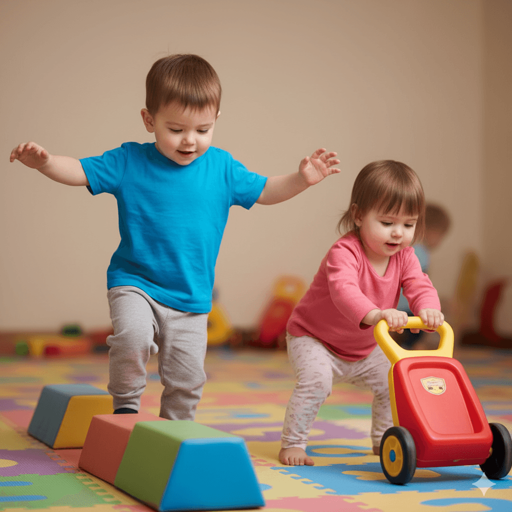 One child steps over foam blocks while another pushes a toy walker